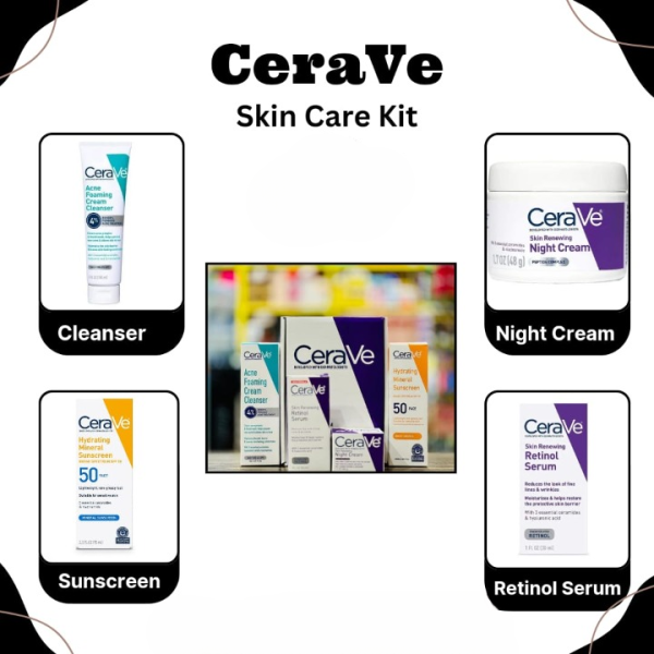 Cerave 4 In 1 Skincare Kit Night Cream, Sunblock, Cleanser & Serum For Radiant Skin